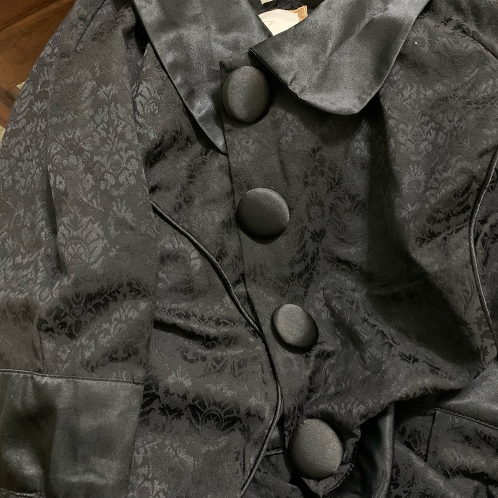 VTG Trench Duster Black Brocade Print Coat 90s Y2K Wrap Layer Goth - Picture 4 of 12